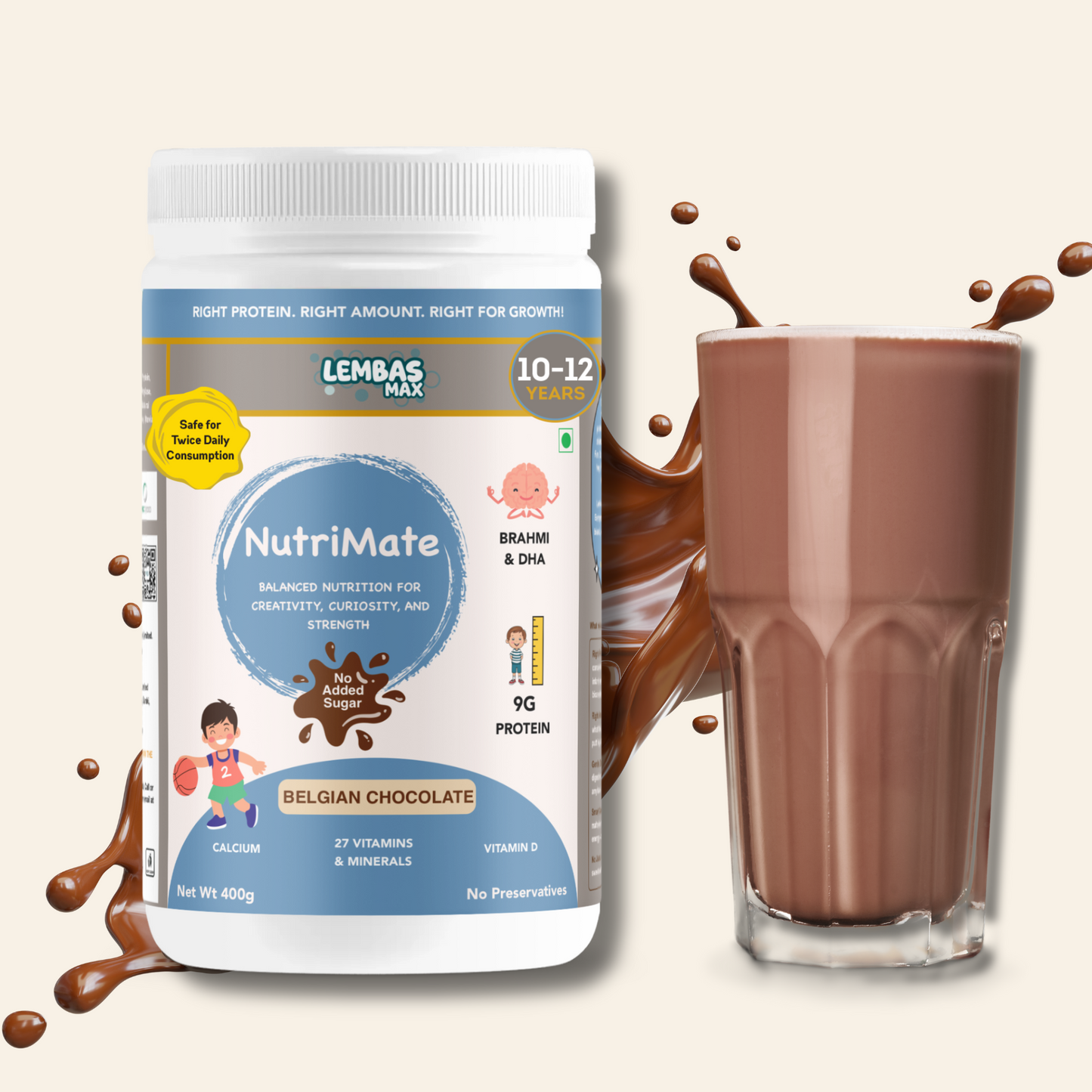 NutriMate 10-12 Years Milk Mix, 400 g, Boy/Girl, Belgian Chocolate